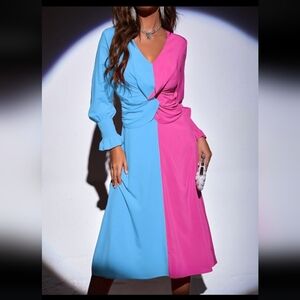 Shein Pink/Blue Colorblock Dress Two Tone Twist Front Flounce Sleeve Dress
